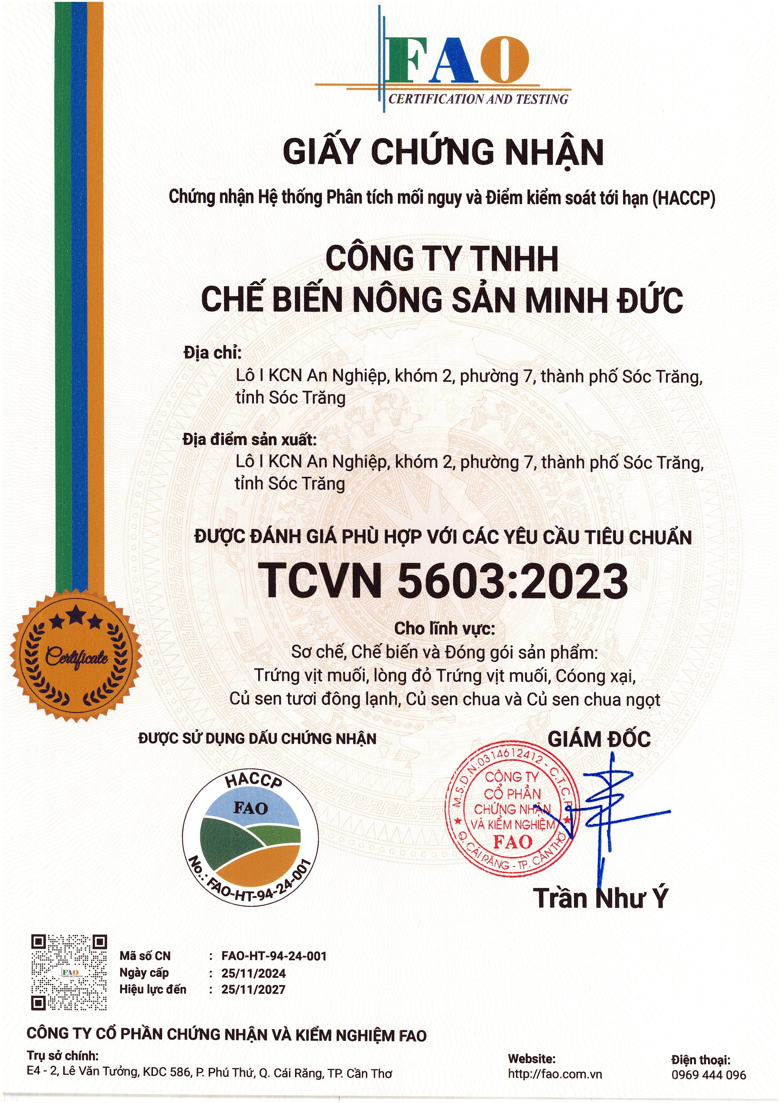 Chứng nhận HACCP của Trứng Muối Minh Đức