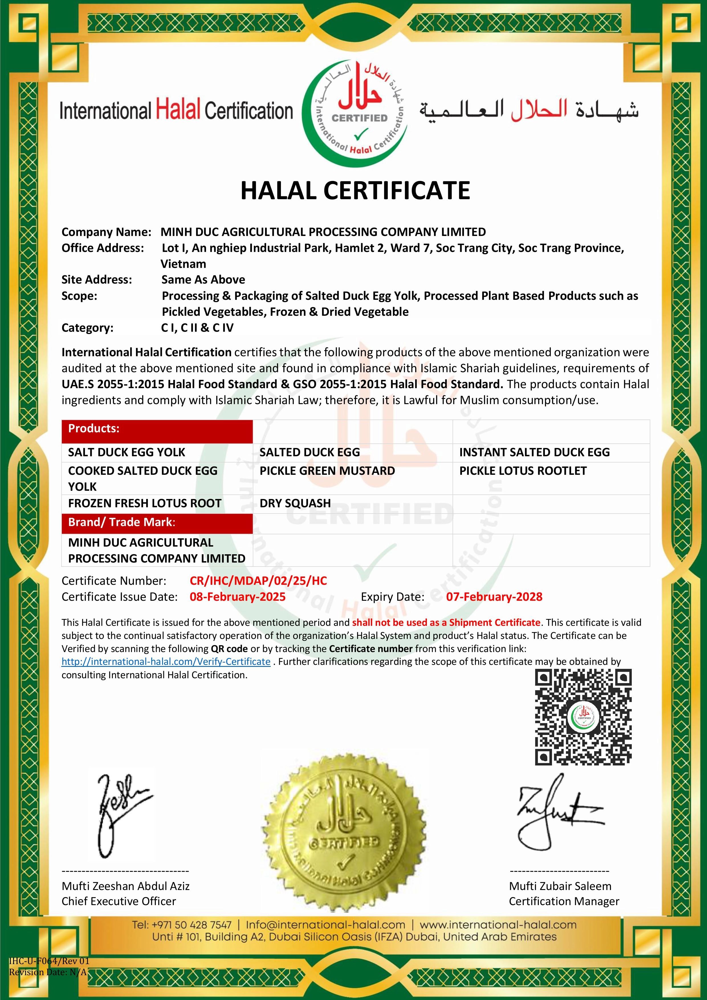 Chứng nhận HALAL của Trứng Muối Minh Đức