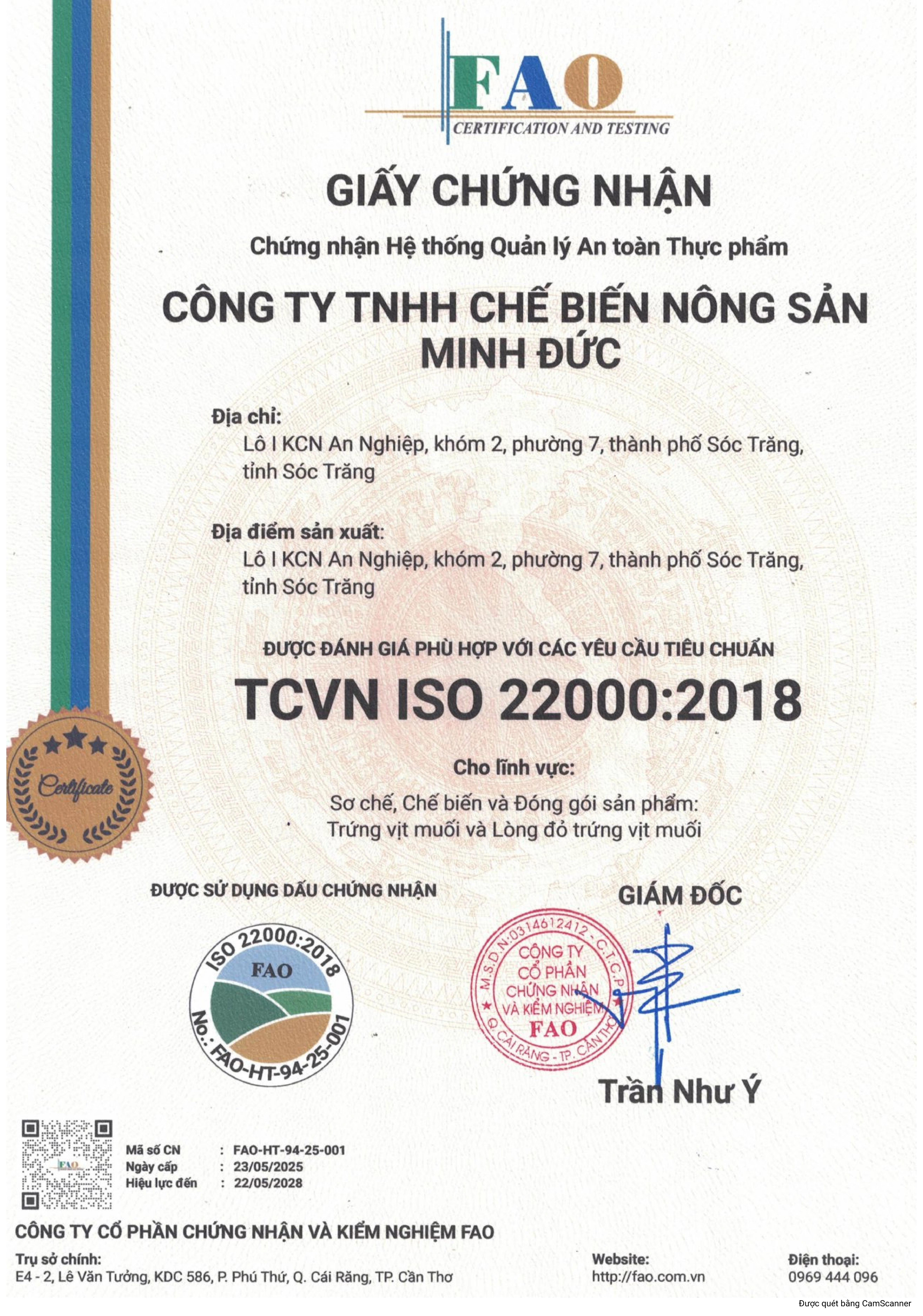 Chứng nhận ISO 22000:2018 của Trứng Muối Minh Đức